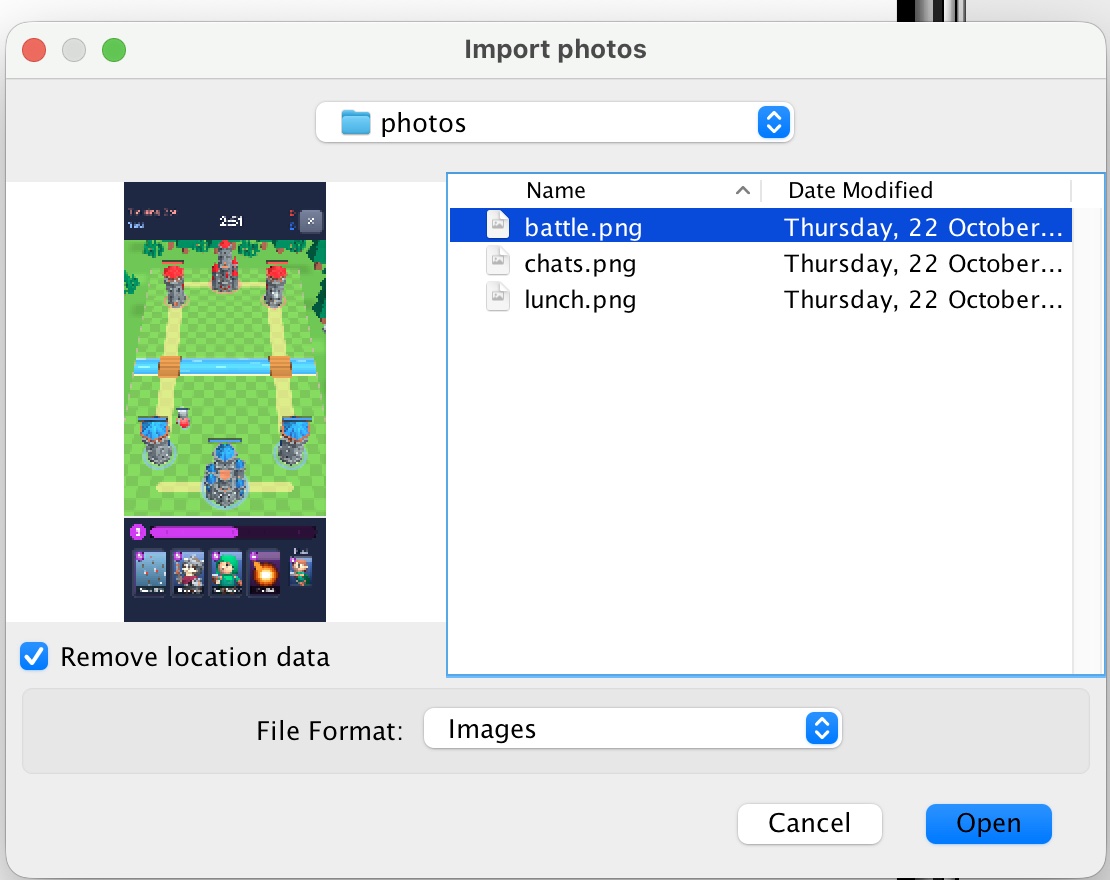 An open dialog with an image preview, an Images filter and a Remove location data checkbox