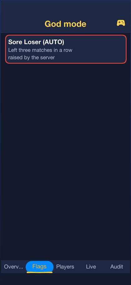 The flags tab: a report and an automatic flag, each with the reason and the match it came from