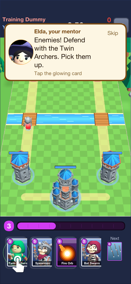 Elda warning that enemies are coming and asking the player to pick the Twin Archers